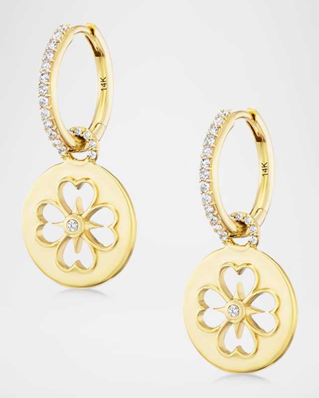 14K Yellow Gold Clover Charm Diamond Huggie Hoop Earrings